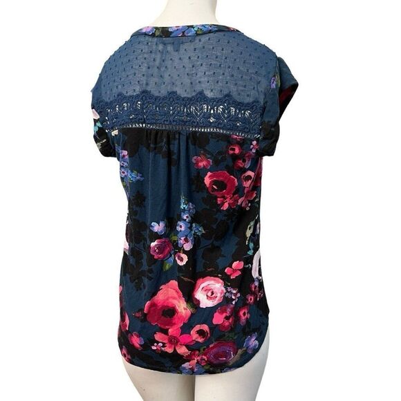 Daniel Rainn Ladies Small Dark Blue Floral Top Swiss Dot Chiffon Lace Blouse - Picture 4 of 7